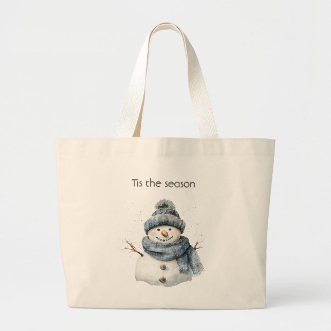 Blue Snowman Christmas Large Tote Bag (Front)