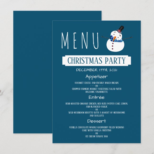 Blue Snowman, Christmas Party Menu Invitation (Front/Back)