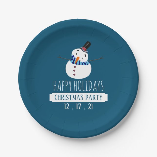 Blue Snowman, Christmas Party Paper Plate (Front)