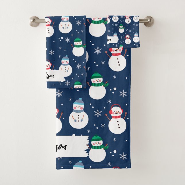 Blue Snowman Christmas Pattern with Name Bath Towel Set (Insitu)