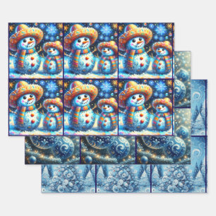 Blue Snowman Christmas Tree Baubles Decoupage Wrapping Paper Sheet