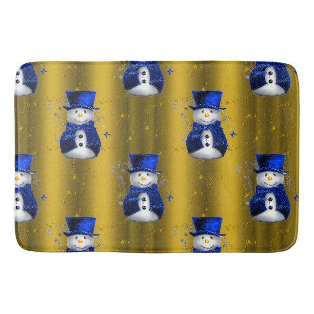 Blue Snowman on Gold Christmas Bath Mat (Front)