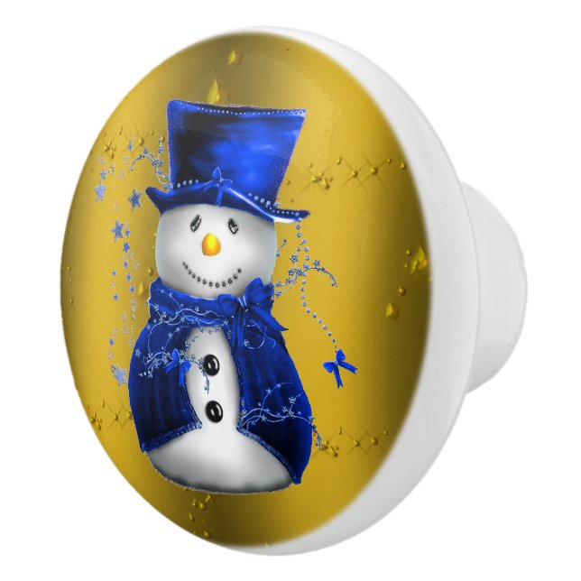 Blue Snowman on Gold Christmas Ceramic Knob (Right)