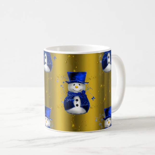 Blue Snowman on Gold Christmas Coffee Mug (Front Right)