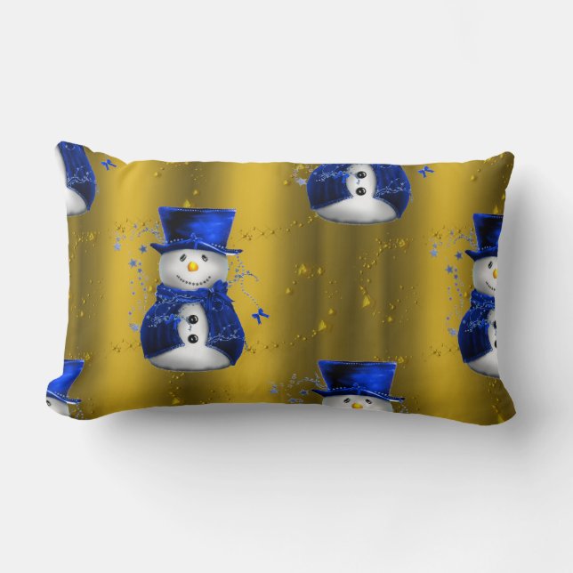 Blue Snowman on Gold Christmas Lumbar Cushion (Front)