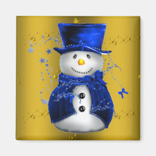 Blue Snowman on Gold Christmas Magnet