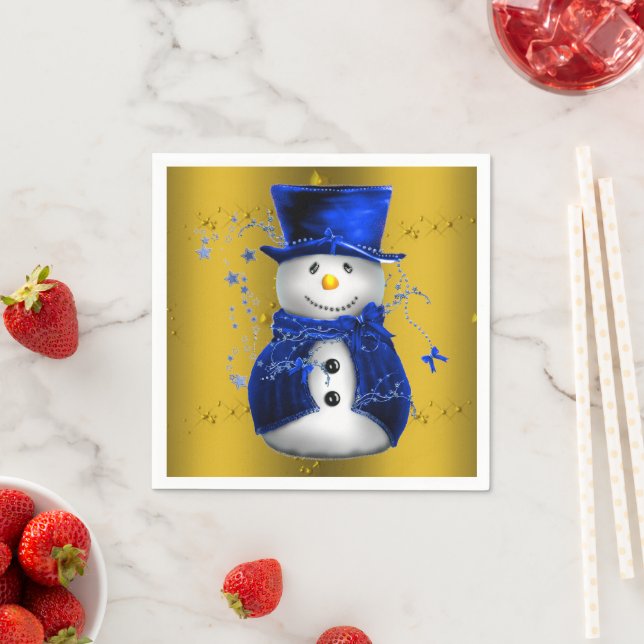 Blue Snowman on Gold Christmas Napkin (Insitu)