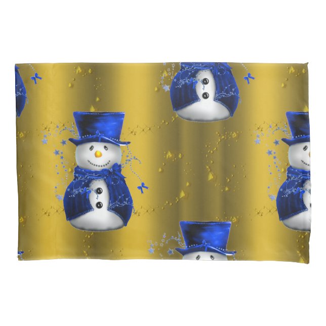 Blue Snowman on Gold Christmas Pillowcase (Front)