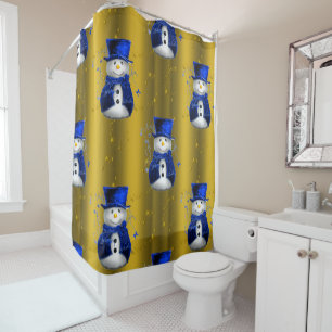 Blue Snowman on Gold Christmas Shower Curtain
