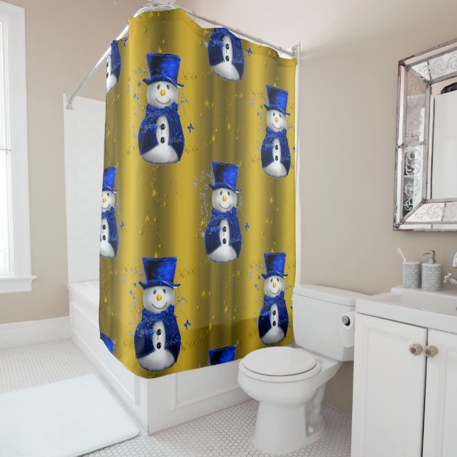 Blue Snowman on Gold Christmas Shower Curtain (In Situ)