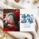 Blue Snowman Photo  First Christmas Holiday Card<br><div class="desc">Celebrate your little one’s first holiday season with this cheerful winter design featuring a blue plaid number,  adorable snowman,  and scattered candy canes and gifts. Customise it with your baby's photo and birth details to create a keepsake that brings charm and magic to your holiday memories.</div>
