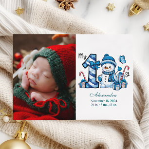 Blue Snowman Photo  First Christmas Holiday Card