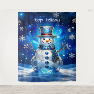 Blue Snowman Snowflakes Holiday Backdrop Tapestry