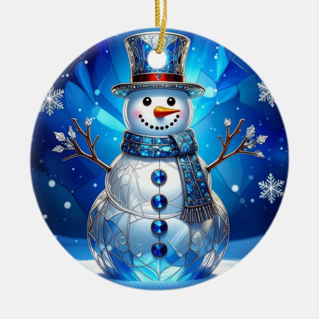Blue Snowman Snowflakes Holiday Ornament (Front)