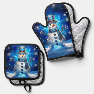 Blue Snowman Snowflakes Oven Mitt & Pot Holder Set