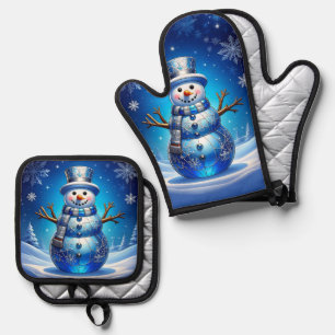 Blue Snowman Snowflakes Oven Mitt & Pot Holder Set
