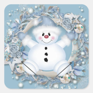 Blue Snowman Square Sticker