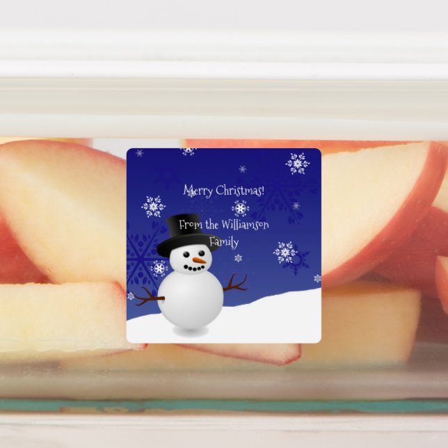 Blue Snowman Winter Scene Christmas Baking Label (Affixed)