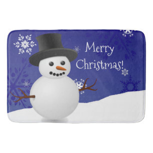 Blue Snowman Winter Scene Christmas Bath Mat