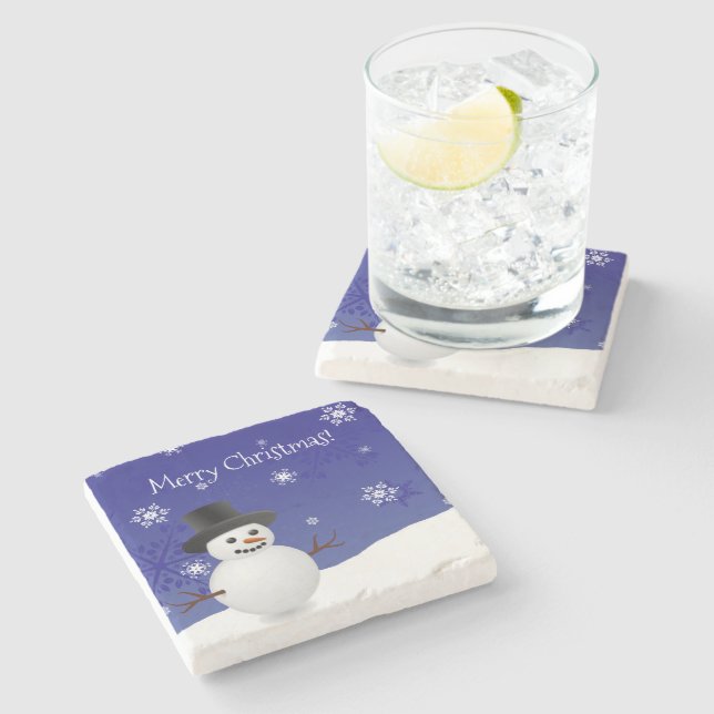 Blue Snowman Winter Scene Christmas Stone Coaster (Side)