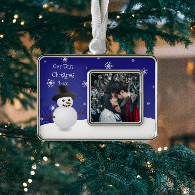 Blue Snowman Winter Scene Framed Photo First Silver Plated Framed Ornament (Blue Snowman Winter Scene First Christmas Framed Ornament)