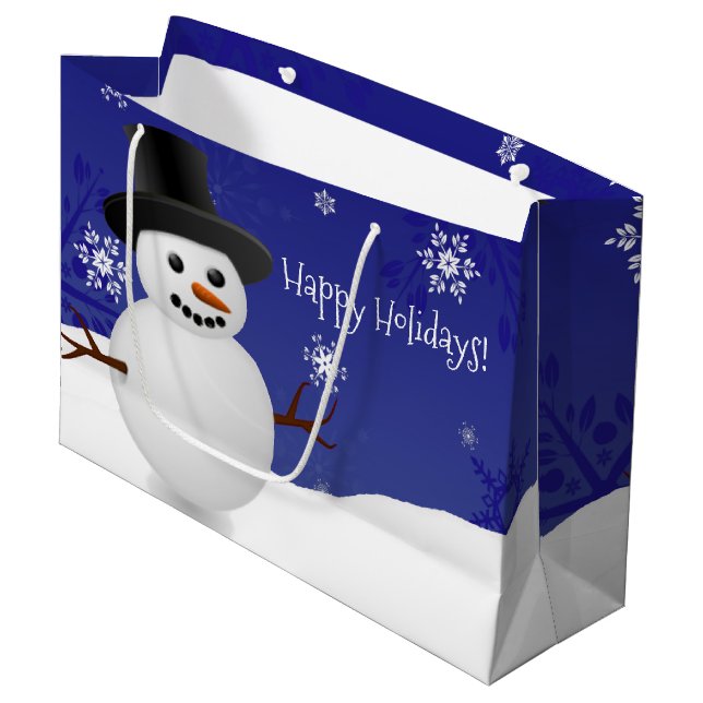 Blue Snowman Winter Scenery Christmas Gift Bag (Front Angled)