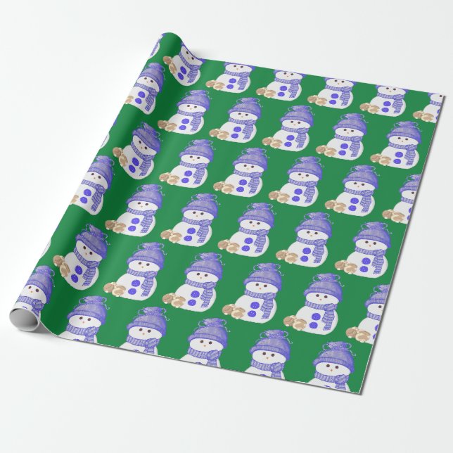 Blue Snowman with Brown & White Bunnies Wrapping Paper (Unrolled)