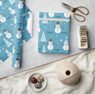 Blue Snowmen Christmas Tree Kids Pattern Gift Wrapping Paper