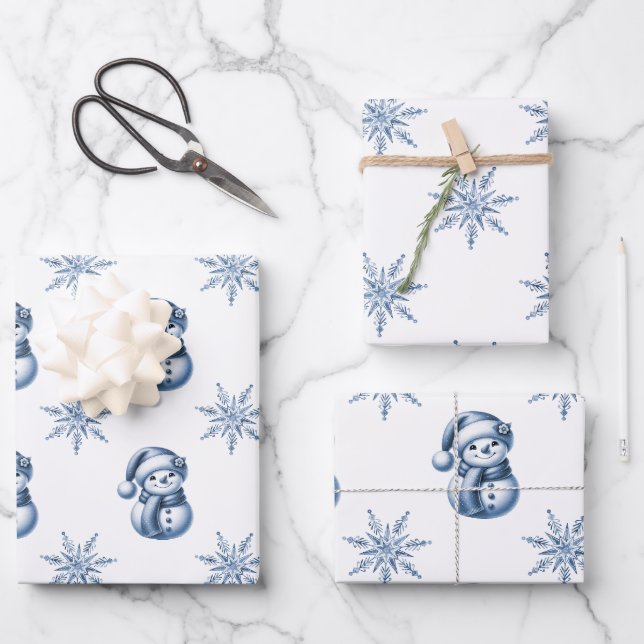 Blue Snowmen Christmas  Wrapping Paper Sheet (Front)