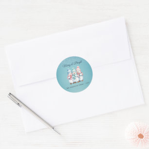 Blue Snowmen Merry Christmas Family Round Sticker