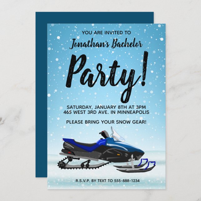 Blue Snowmobile Winter Bachelor Party Invitation (Front/Back)