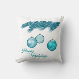 Blue Snowy Christmas Ornaments and Snowflakes Cushion
