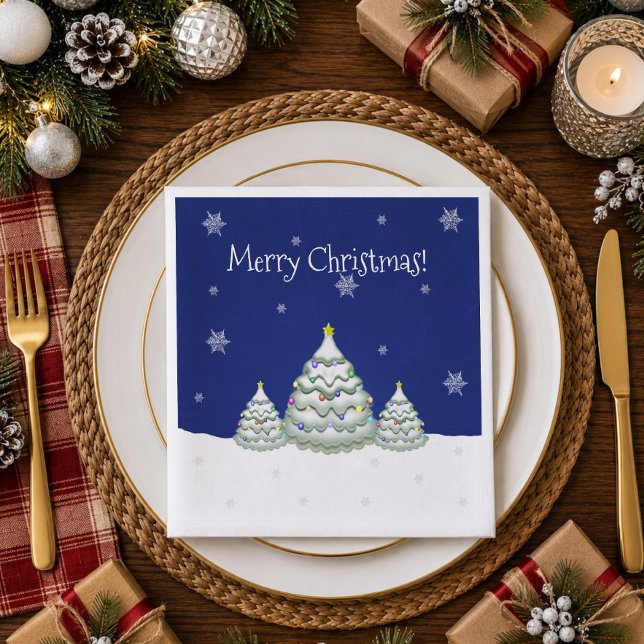 Blue Snowy Christmas Tree Paper Napkin (Blue Snowy Christmas Tree Paper Napkins)