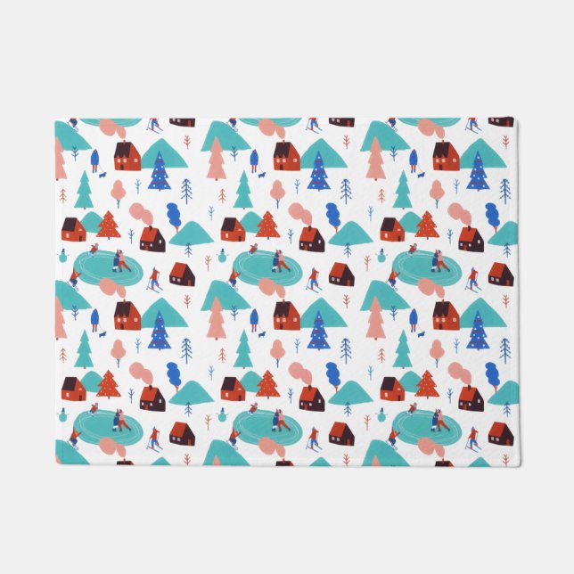 Blue Snowy Festive Christmas Winter Holiday Doormat (Front)