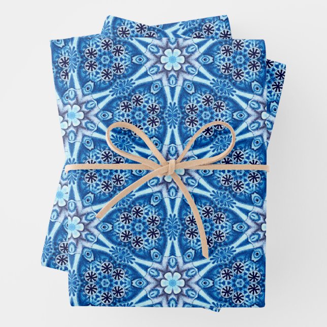 Blue snowy floral pattern wrapping paper sheet (In situ)