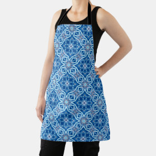 Blue snowy floral square tile pattern apron