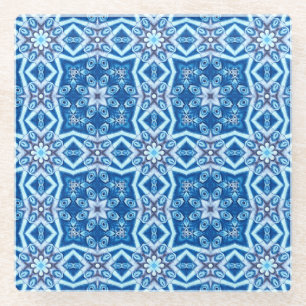 Blue snowy floral square tile pattern glass coaster