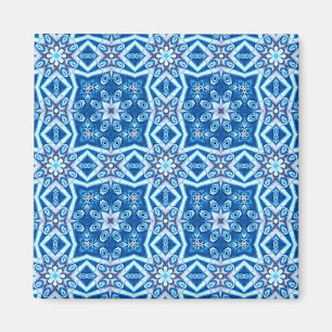 Blue snowy floral square tile pattern magnet