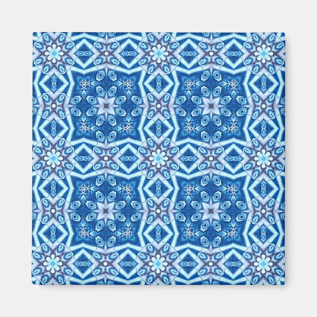 Blue snowy floral square tile pattern magnet (Front)