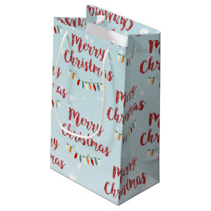 Blue Snowy Merry Christmas Colorful Lights Small Gift Bag