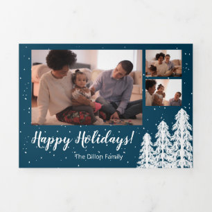 Blue Snowy Pine Tree 5-Photo Holiday Tri-Fold Holiday Card