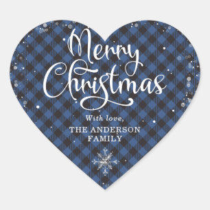 Blue Snowy Plaid Calligraphy Merry Christmas Heart Sticker