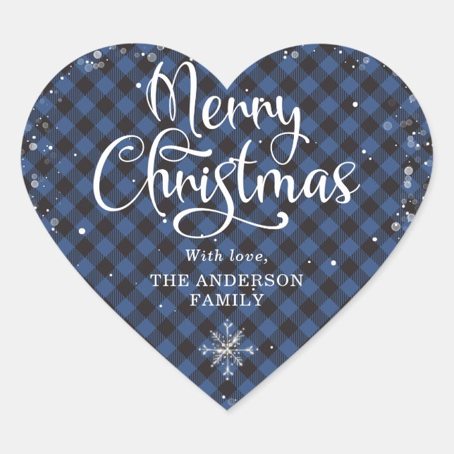 Blue Snowy Plaid Calligraphy Merry Christmas Heart Sticker (Front)