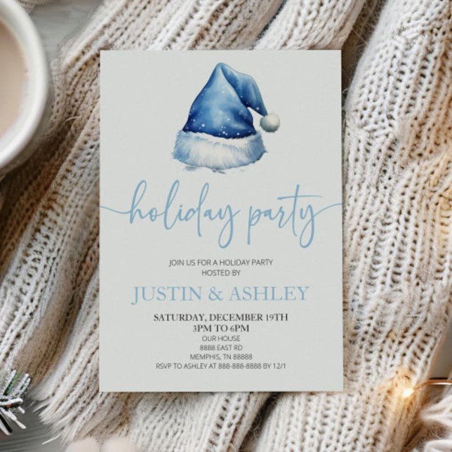 Blue Snowy Santa Hat Christmas Holiday Party Invitation (Creator Uploaded)