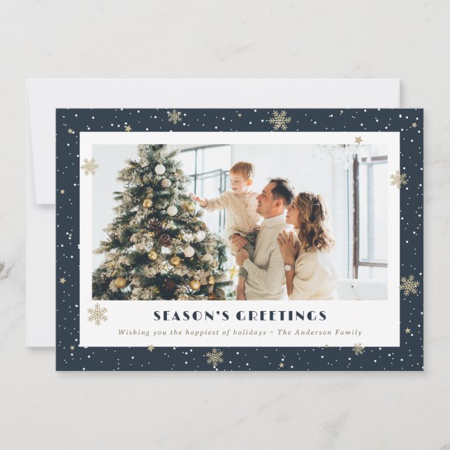 Blue Snowy Season’s Greetings Photo Holiday Card (Front)