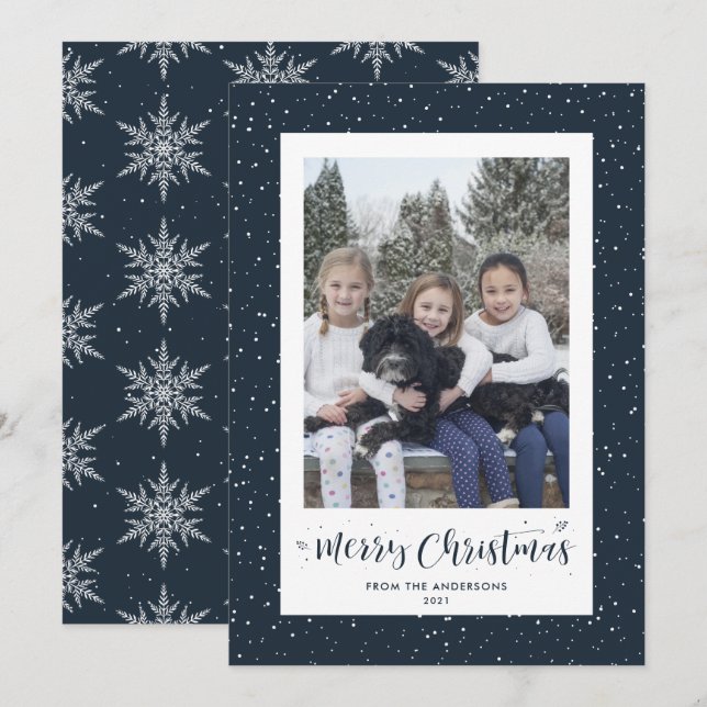 Blue Snowy Snowflake Photo Merry Christmas Cards (Front/Back)