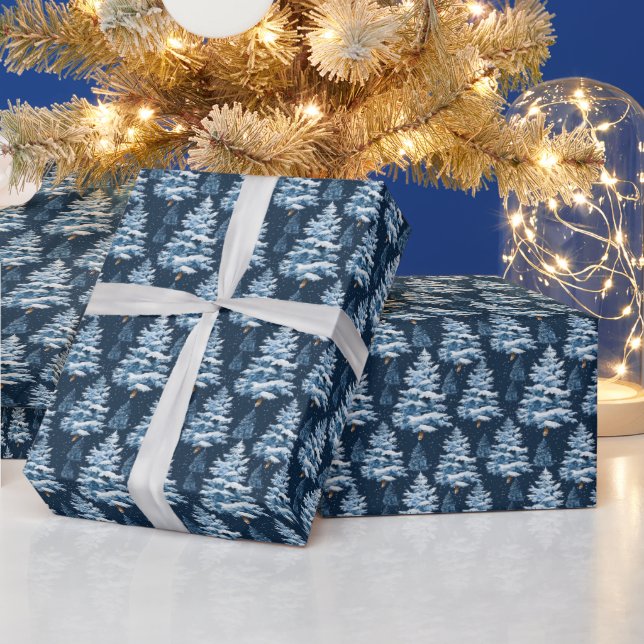 Blue snowy Trees Christmas tiled winter  Wrapping Paper (Holidays)