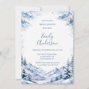 Blue Snowy Watercolor Mountains Bridal Shower Invitation