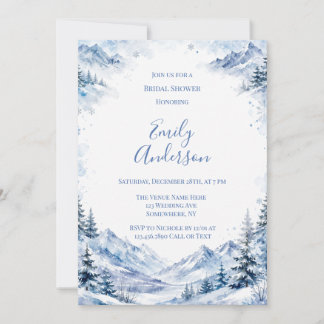 Blue Snowy Watercolor Mountains Bridal Shower Invitation