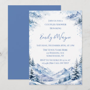 Blue Snowy Watercolor Mountains Couples Shower Invitation